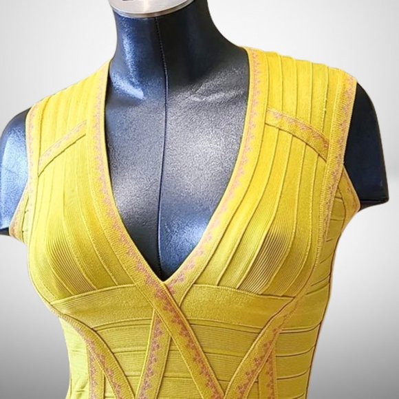 Herve Leger Stunning Bandage Dress in Citrus Yellow and Pink Accent. Size: L - Picture 2 of 11
